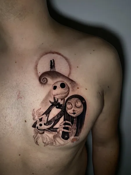 Nightmare before christmas tattoo — black and grey realism tattoo by Lewis Zangaro, The SelfMade Tattoo Company, Wolverhampton