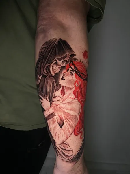 Grim reaper and woman — black and grey realism tattoo by Lewis Zangaro, The SelfMade Tattoo Company, Wolverhampton