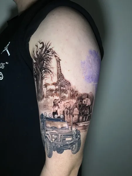 Safari scene — black and grey realism tattoo by Lewis Zangaro, The SelfMade Tattoo Company, Wolverhampton