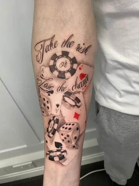 Gambling theme tattoo — black and grey realism tattoo by Lewis Zangaro, The SelfMade Tattoo Company, Wolverhampton