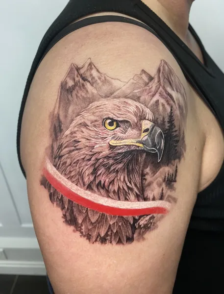 Eagle and mountains — black and grey realism tattoo by Lewis Zangaro, The SelfMade Tattoo Company, Wolverhampton