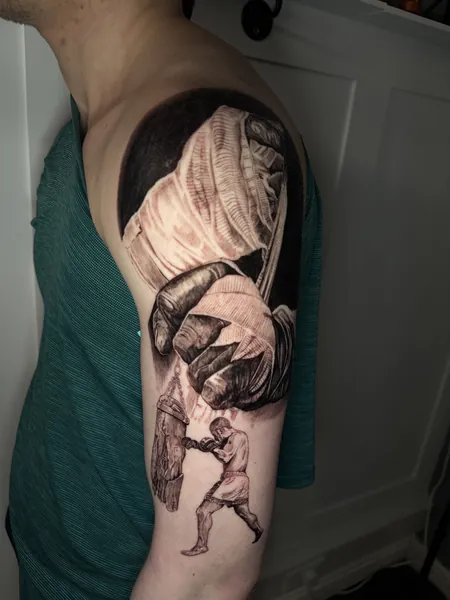 Boxer and hand wraps — black and grey realism tattoo by Lewis Zangaro, The SelfMade Tattoo Company, Wolverhampton