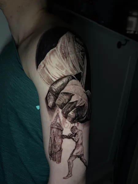 Boxer and hand wrap — black and grey realism tattoo by Lewis Zangaro, The SelfMade Tattoo Company, Wolverhampton