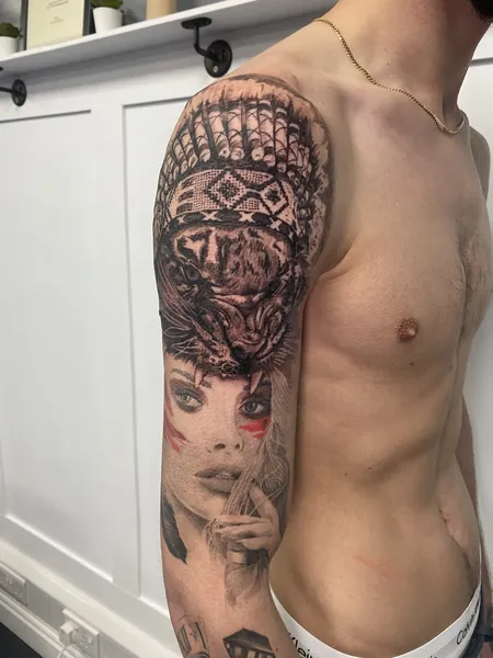 Woman and tiger headdress — black and grey realism tattoo by Lewis Zangaro, The SelfMade Tattoo Company, Wolverhampton