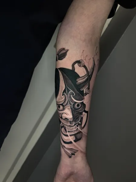 Hannya mask — black and grey realism tattoo by Lewis Zangaro, The SelfMade Tattoo Company, Wolverhampton