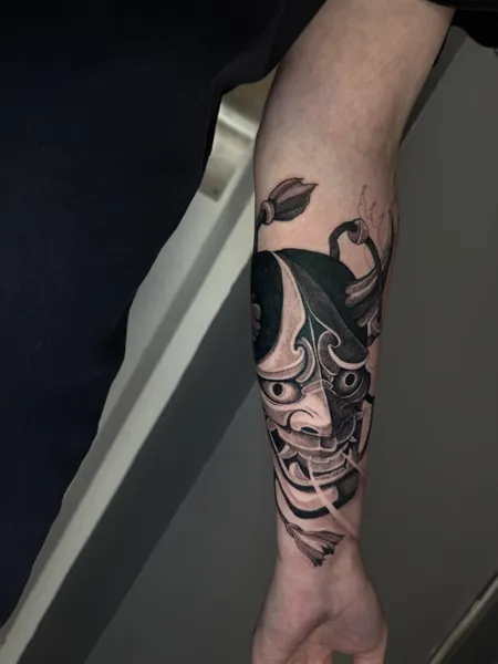 Hannya mask — black and grey realism tattoo by Lewis Zangaro, The SelfMade Tattoo Company, Wolverhampton