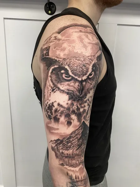 Owl and mountains — black and grey realism tattoo by Lewis Zangaro, The SelfMade Tattoo Company, Wolverhampton