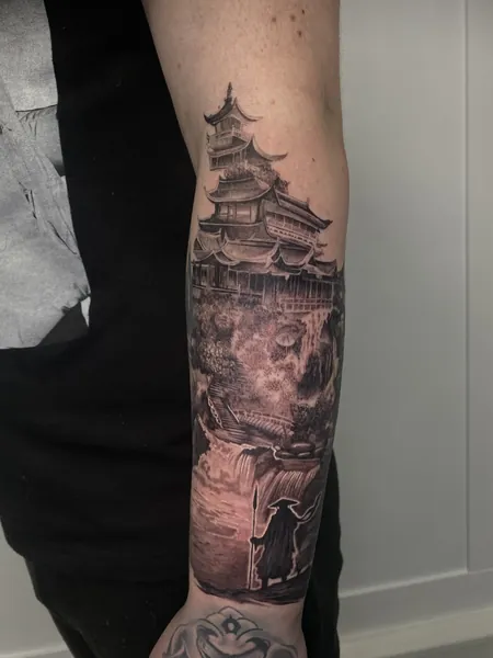Japanese pagoda and samurai — black and grey realism tattoo by Lewis Zangaro, The SelfMade Tattoo Company, Wolverhampton