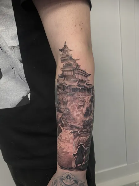 Japanese temple and monk — black and grey realism tattoo by Lewis Zangaro, The SelfMade Tattoo Company, Wolverhampton