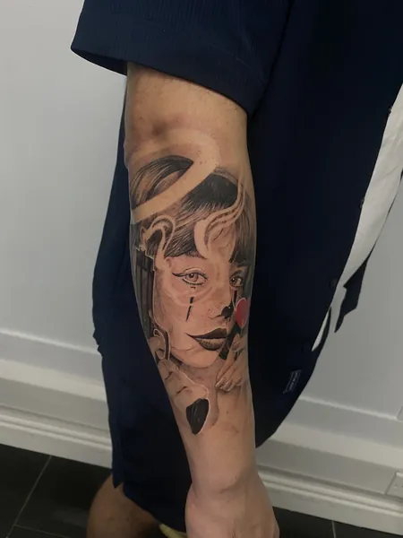 Clown girl portrait — black and grey realism tattoo by Lewis Zangaro, The SelfMade Tattoo Company, Wolverhampton