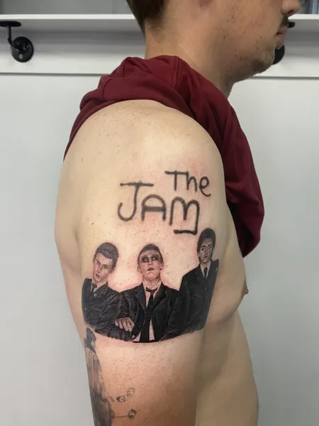The jam band — black and grey realism tattoo by Lewis Zangaro, The SelfMade Tattoo Company, Wolverhampton