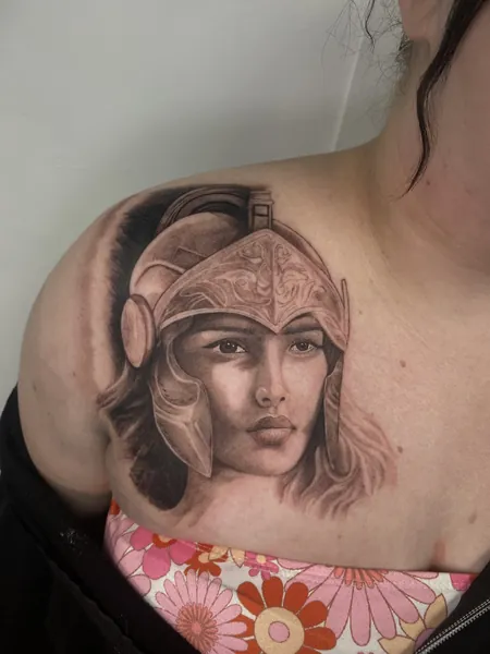 Warrior woman helmet — black and grey realism tattoo by Lewis Zangaro, The SelfMade Tattoo Company, Wolverhampton