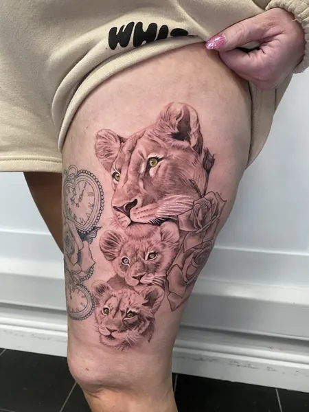 Lioness and cubs — black and grey realism tattoo by Lewis Zangaro, The SelfMade Tattoo Company, Wolverhampton