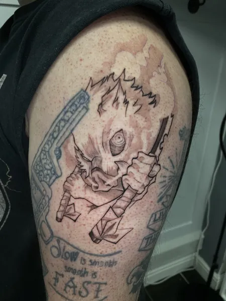 Inosuke hashibira — black and grey realism tattoo by Lewis Zangaro, The SelfMade Tattoo Company, Wolverhampton