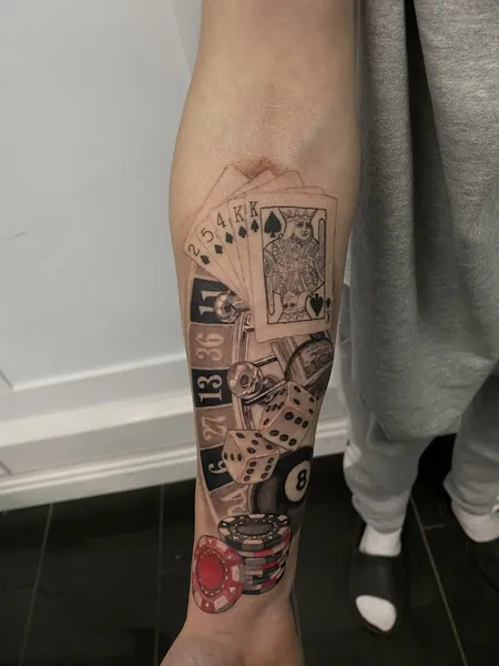 Gambling theme tattoo — black and grey realism tattoo by Lewis Zangaro, The SelfMade Tattoo Company, Wolverhampton