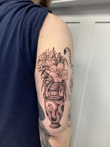 Snake in vase — black and grey realism tattoo by Lewis Zangaro, The SelfMade Tattoo Company, Wolverhampton