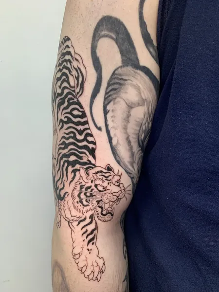 Tiger tattoo — black and grey realism tattoo by Lewis Zangaro, The SelfMade Tattoo Company, Wolverhampton