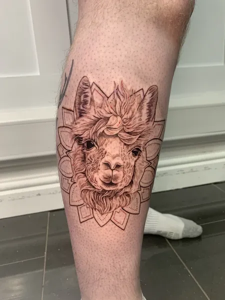 Alpaca and mandala — black and grey realism tattoo by Lewis Zangaro, The SelfMade Tattoo Company, Wolverhampton