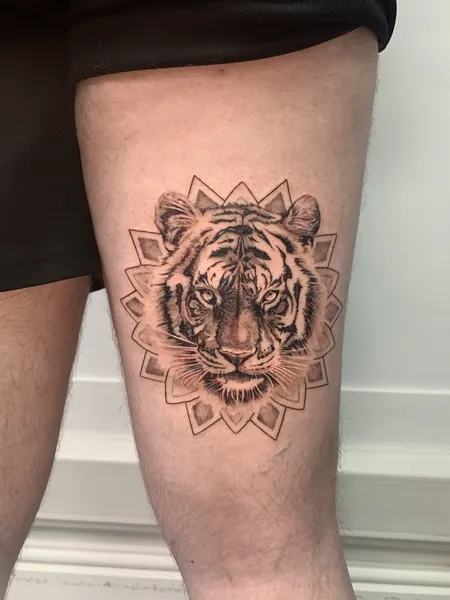 Tiger mandala — black and grey realism tattoo by Lewis Zangaro, The SelfMade Tattoo Company, Wolverhampton