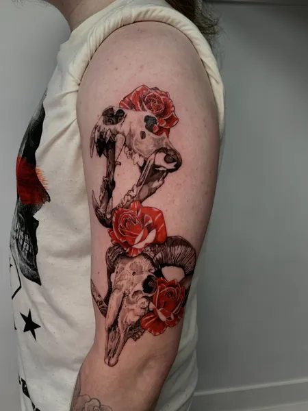 Animal skulls and roses — black and grey realism tattoo by Lewis Zangaro, The SelfMade Tattoo Company, Wolverhampton
