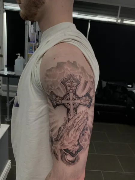 Praying hands and cross — black and grey realism tattoo by Lewis Zangaro, The SelfMade Tattoo Company, Wolverhampton