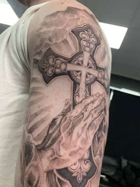 Praying hands and cross — black and grey realism tattoo by Lewis Zangaro, The SelfMade Tattoo Company, Wolverhampton