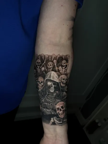 Grim reaper and skulls — black and grey realism tattoo by Lewis Zangaro, The SelfMade Tattoo Company, Wolverhampton
