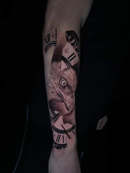 Eagle and clock — black and grey realism tattoo by Lewis Zangaro, The SelfMade Tattoo Company, Wolverhampton