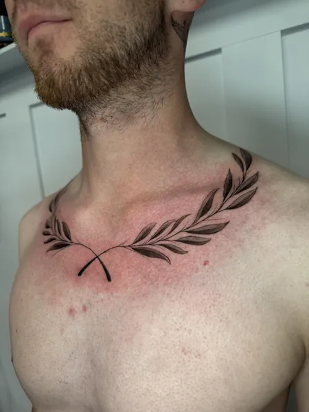 Laurel wreath — black and grey realism tattoo by Lewis Zangaro, The SelfMade Tattoo Company, Wolverhampton