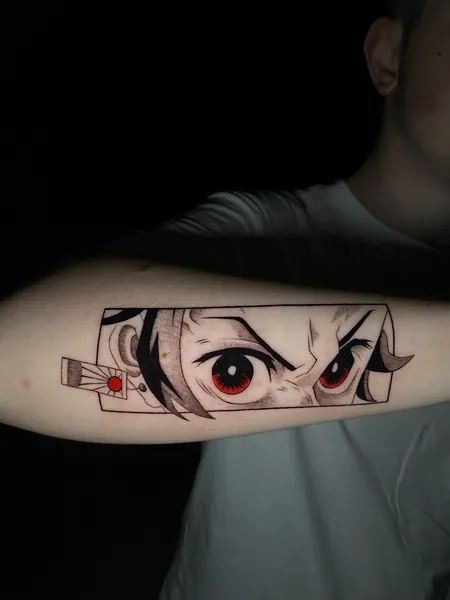 Tanjiro kamado eyes — black and grey realism tattoo by Lewis Zangaro, The SelfMade Tattoo Company, Wolverhampton