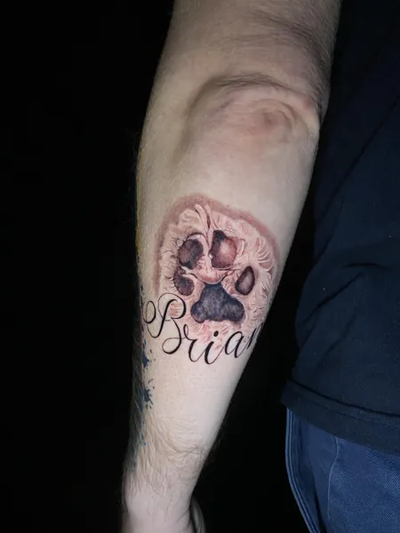 Paw print and name — black and grey realism tattoo by Lewis Zangaro, The SelfMade Tattoo Company, Wolverhampton