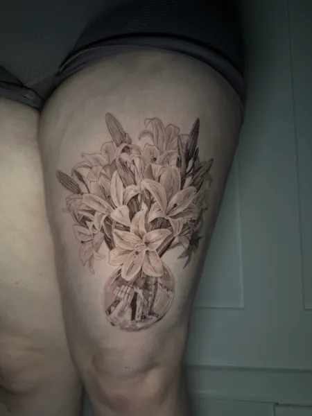 Lilies in vase — black and grey realism tattoo by Lewis Zangaro, The SelfMade Tattoo Company, Wolverhampton