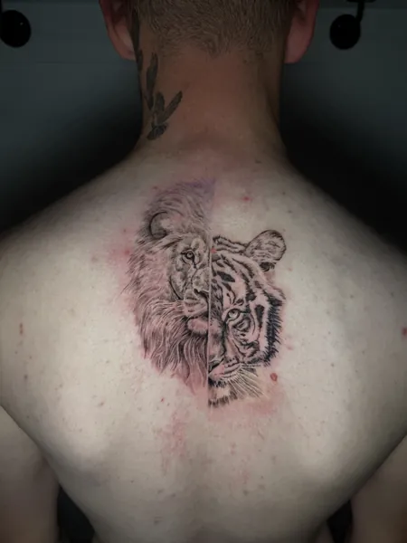 Lion and tiger faces — black and grey realism tattoo by Lewis Zangaro, The SelfMade Tattoo Company, Wolverhampton