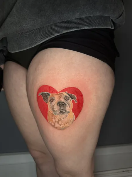 Dog portrait in heart — colour tattoo by Lewis Zangaro, The SelfMade Tattoo Company, Wolverhampton