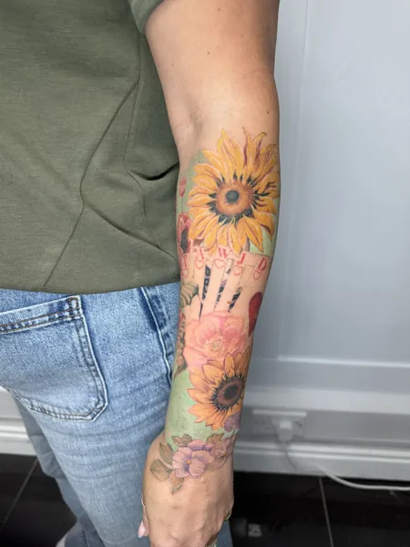 Sunflowers and playing cards — colour tattoo by Lewis Zangaro, The SelfMade Tattoo Company, Wolverhampton