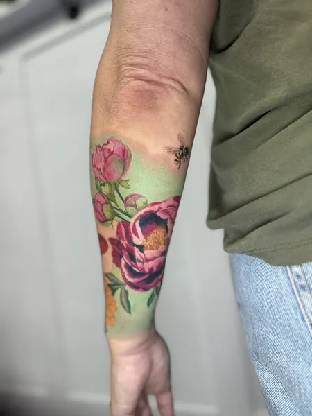 Peonies and bee — colour tattoo by Lewis Zangaro, The SelfMade Tattoo Company, Wolverhampton