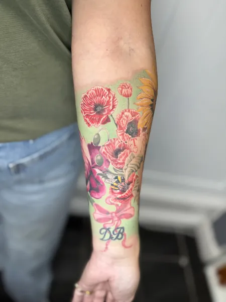 Poppies and sunflower — colour tattoo by Lewis Zangaro, The SelfMade Tattoo Company, Wolverhampton