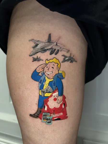 Fallout vault boy tattoo — colour tattoo by Lewis Zangaro, The SelfMade Tattoo Company, Wolverhampton
