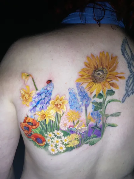 Colorful wildflower bouquet — colour tattoo by Lewis Zangaro, The SelfMade Tattoo Company, Wolverhampton