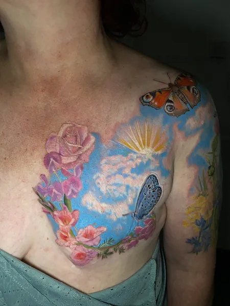 Butterflies flowers and sky — colour tattoo by Lewis Zangaro, The SelfMade Tattoo Company, Wolverhampton
