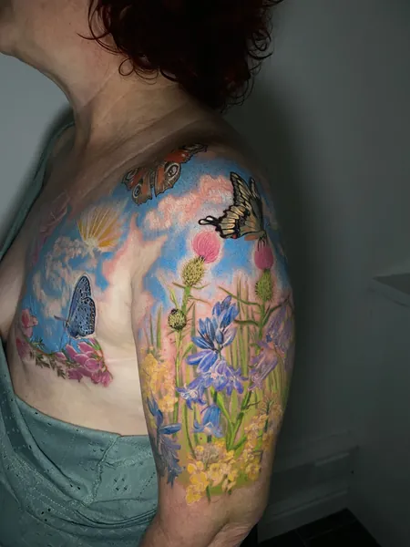 Butterflies and wildflowers — colour tattoo by Lewis Zangaro, The SelfMade Tattoo Company, Wolverhampton