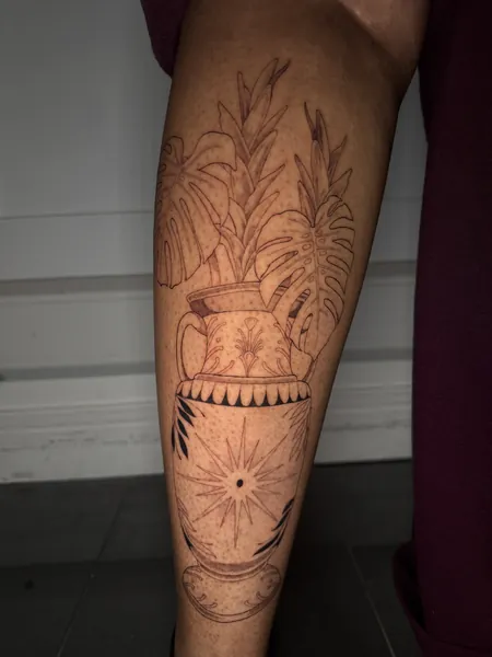 Monstera plants in vase — fine line tattoo by Lewis Zangaro, The SelfMade Tattoo Company, Wolverhampton