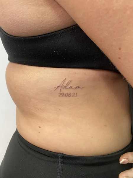 Name and date lettering — fine line tattoo by Lewis Zangaro, The SelfMade Tattoo Company, Wolverhampton