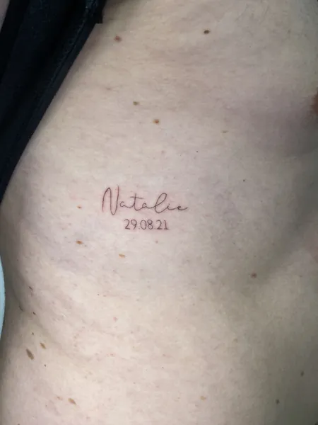 Name and date lettering — fine line tattoo by Lewis Zangaro, The SelfMade Tattoo Company, Wolverhampton