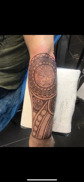 Polynesian tiki tattoo — fine line tattoo by Lewis Zangaro, The SelfMade Tattoo Company, Wolverhampton