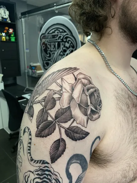 Rose and wing — tattoo flash design by Lewis Zangaro, The SelfMade Tattoo Company, Wolverhampton