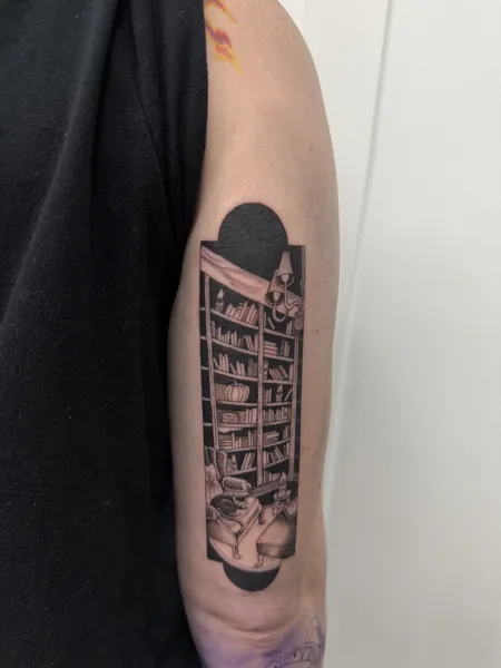 Bookshelf in room — tattoo flash design by Lewis Zangaro, The SelfMade Tattoo Company, Wolverhampton