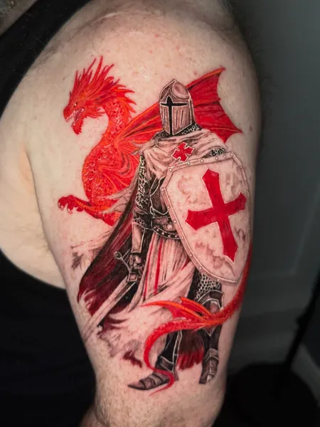 Knight and dragon — tattoo by Lewis Zangaro, The SelfMade Tattoo Company, Wolverhampton