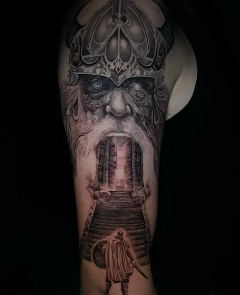 Viking and gateway — tattoo by Lewis Zangaro, The SelfMade Tattoo Company, Wolverhampton