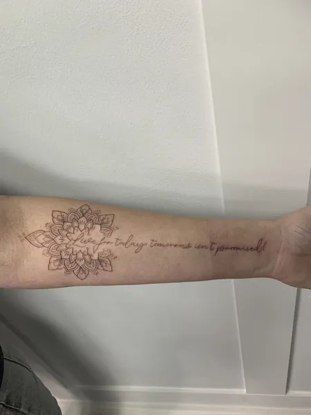 Mandala and script — tattoo by Lewis Zangaro, The SelfMade Tattoo Company, Wolverhampton